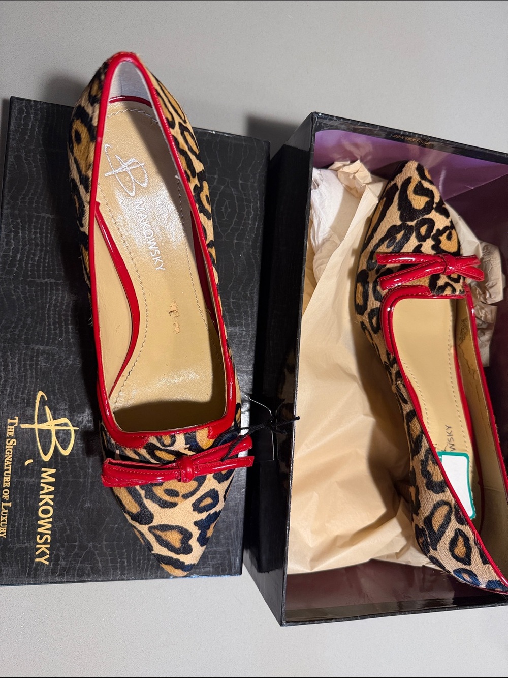 Leopard Print Pointed Flats with Red Trim